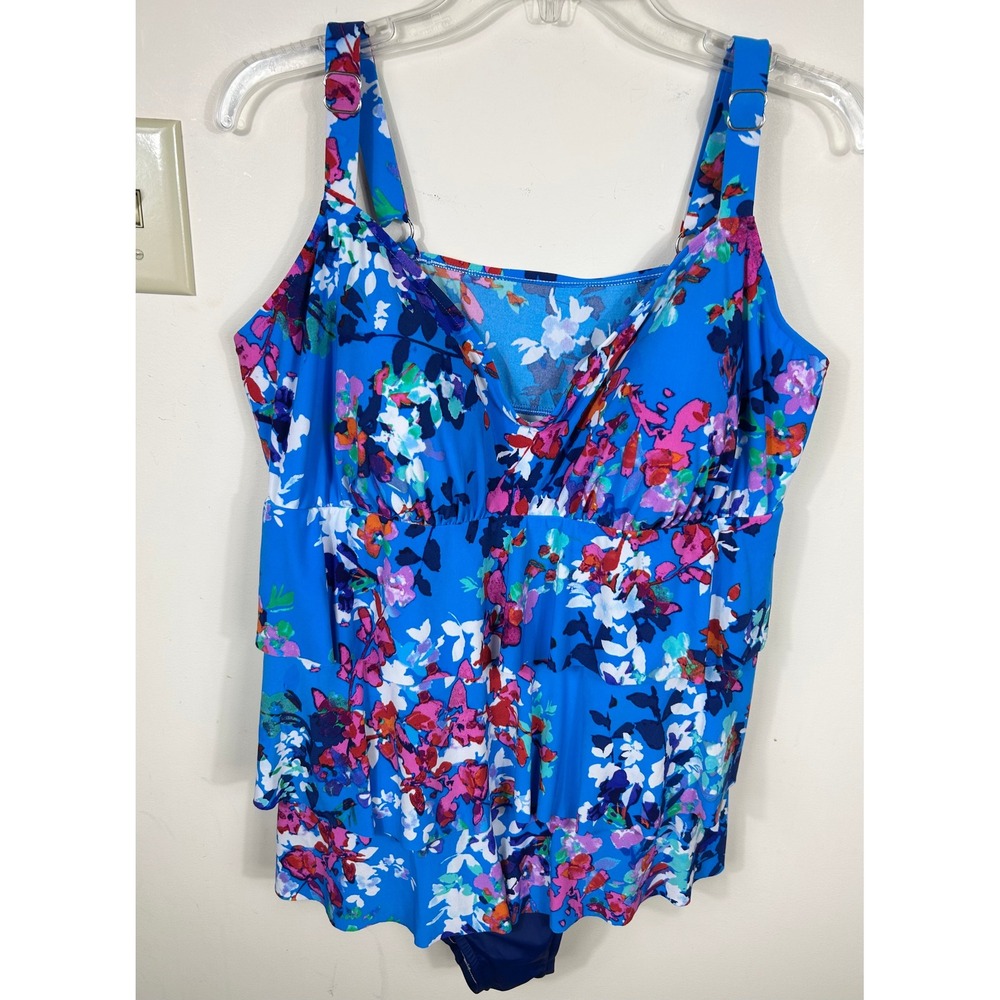 Bal Harbour Swimsuit One Piece Womens 20W Blue Floral Tiered Ruffle‎ Modest Chic